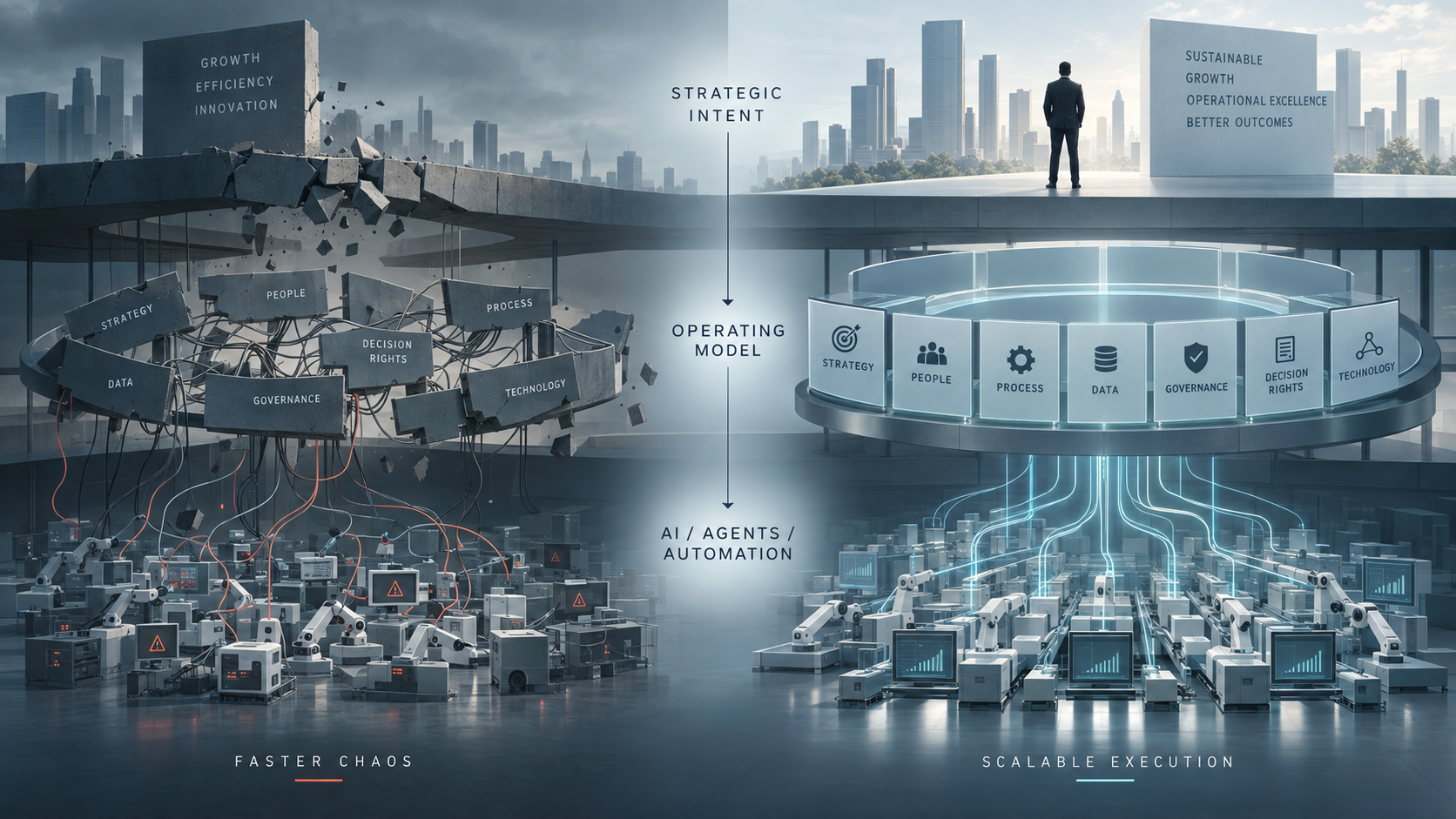 A coherent operating model turns AI and automation into scalable execution, while a broken operating model produces faster chaos.